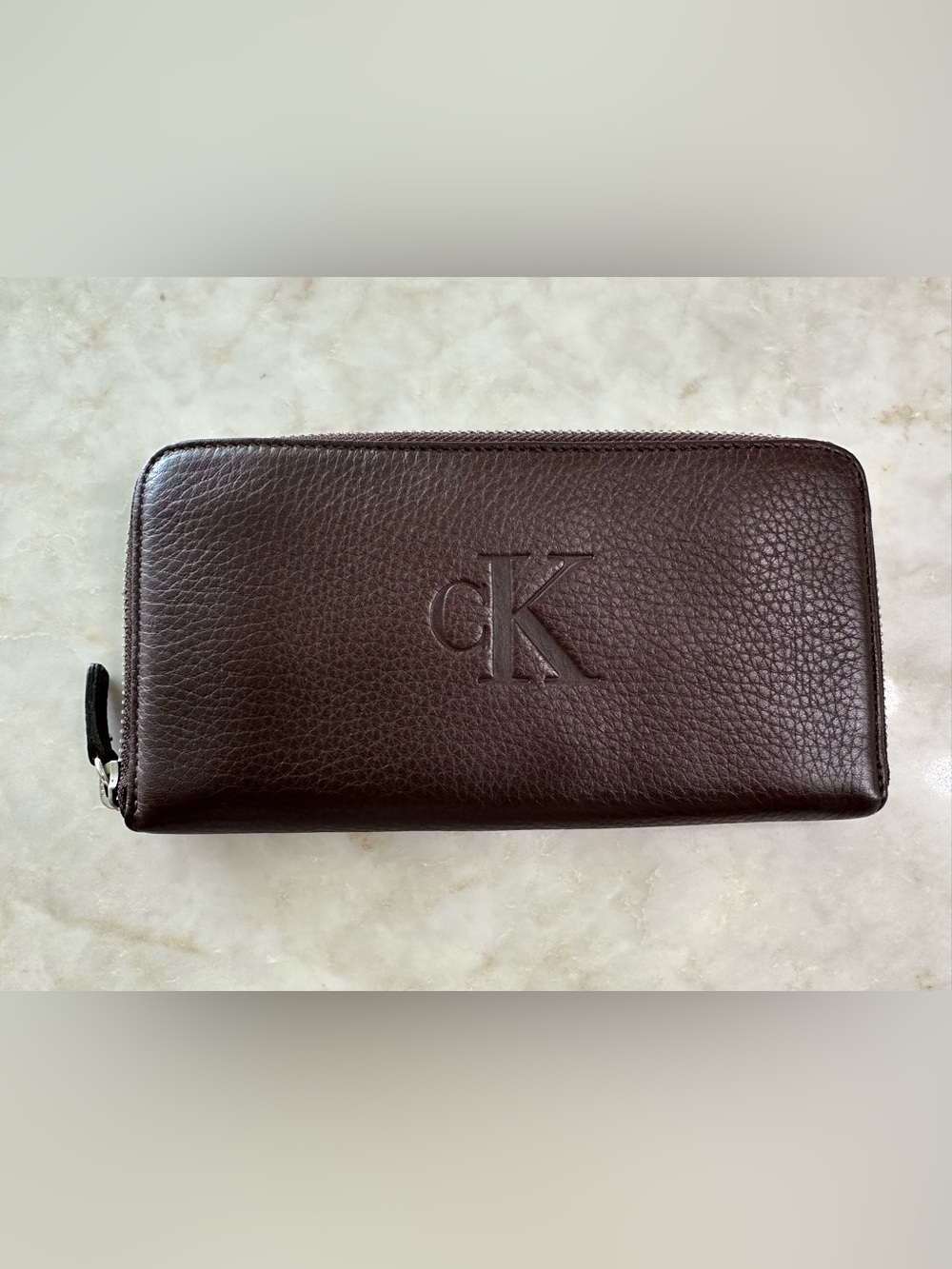 Calvin Klein Dark Brown Pebbled Leather Zip Wallet with Embossed CK